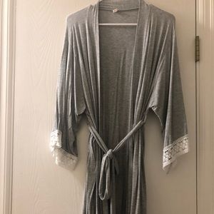 Grey Crochet Trim Maternity Delivery/Nursing Robe